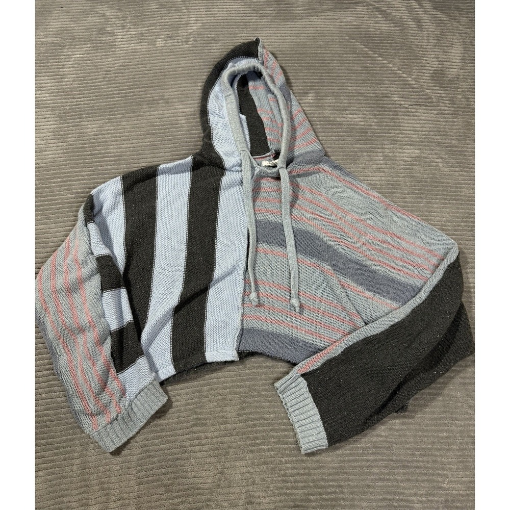 American Eagle Striped Knit Pullover Hoodie Gray Blue Pink XS Women Casual